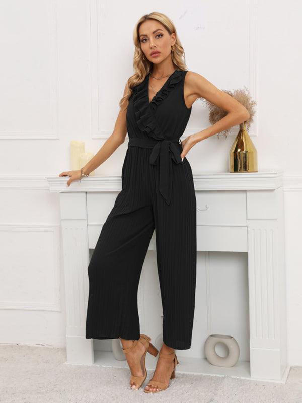 Women's Sleeveless V Neck Ruffle Lace Pleated Jumpsuit - 808Lush