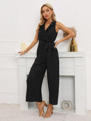 Women's Sleeveless V Neck Ruffle Lace Pleated Jumpsuit - 808Lush