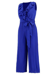 Women's Sleeveless V Neck Ruffle Lace Pleated Jumpsuit - 808Lush