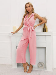 Women's Sleeveless V Neck Ruffle Lace Pleated Jumpsuit - 808Lush
