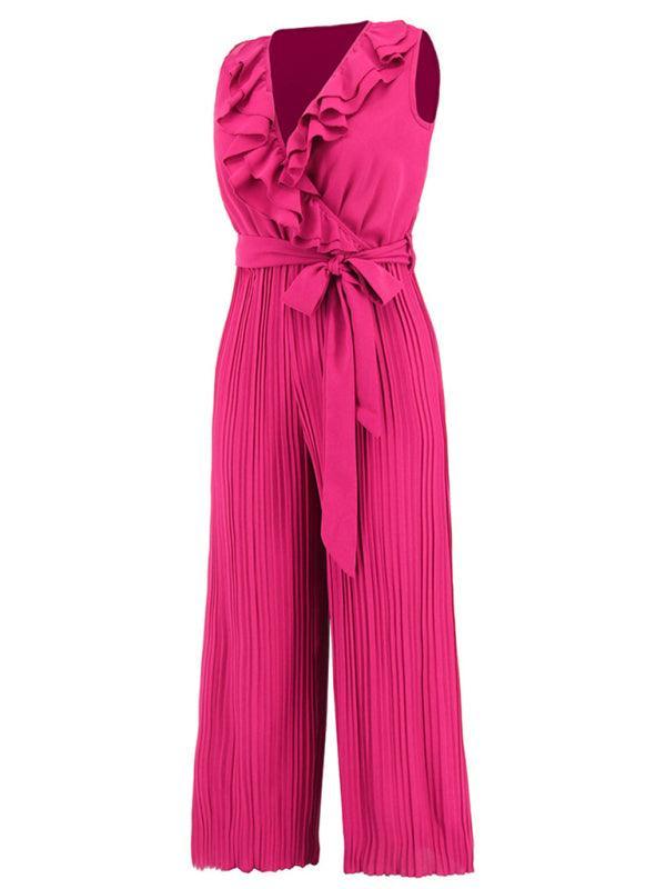 Women's Sleeveless V Neck Ruffle Lace Pleated Jumpsuit - 808Lush