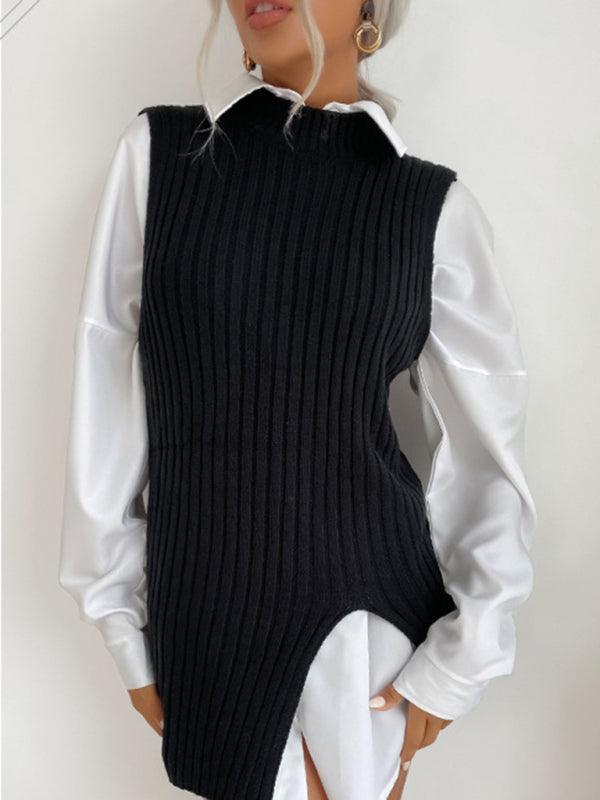 Women's Slit Solid Color Mid-Length Vest Sweater - 808Lush