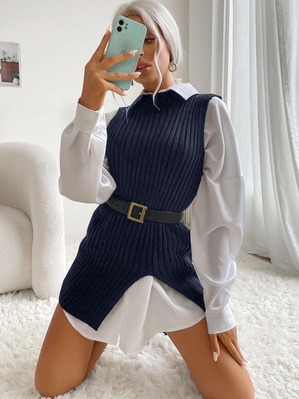 Women's Slit Solid Color Mid-Length Vest Sweater - 808Lush