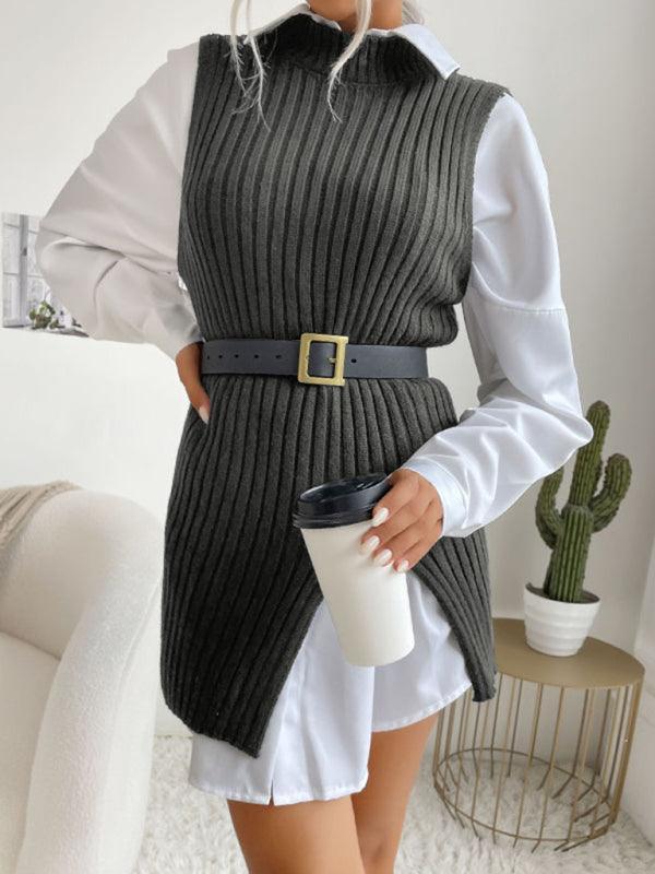 Women's Slit Solid Color Mid-Length Vest Sweater - 808Lush
