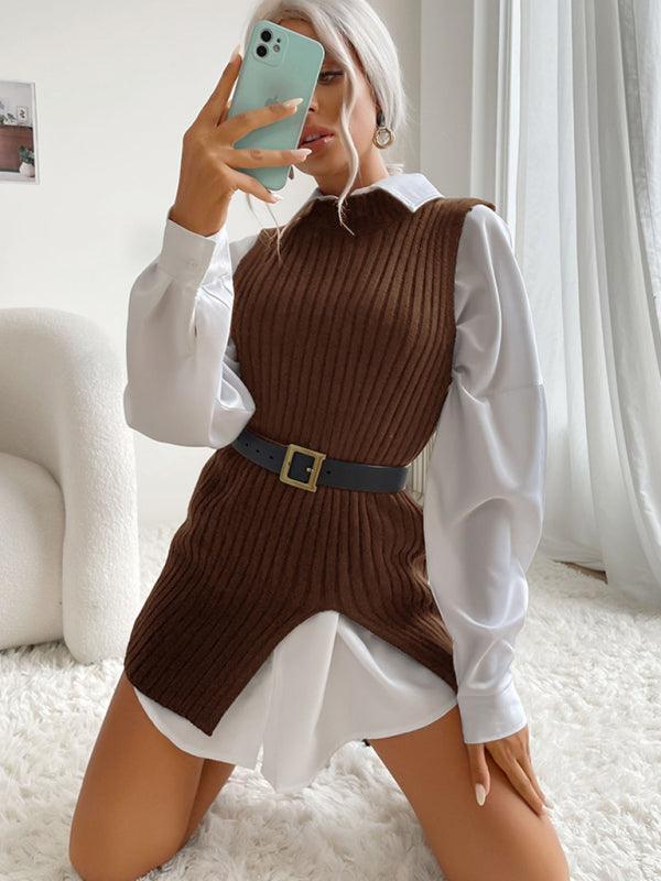 Women's Slit Solid Color Mid-Length Vest Sweater - 808Lush
