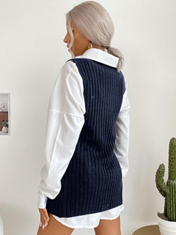 Women's Slit Solid Color Mid-Length Vest Sweater - 808Lush