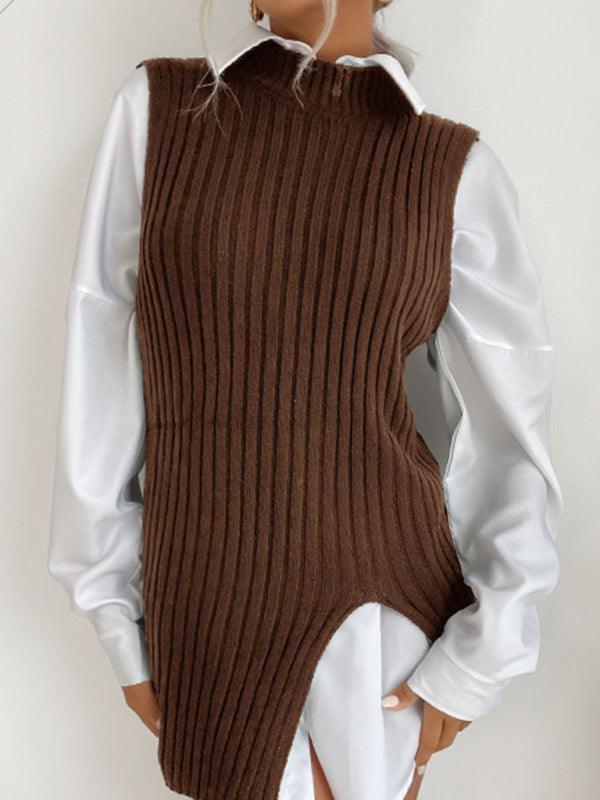 Women's Slit Solid Color Mid-Length Vest Sweater - 808Lush