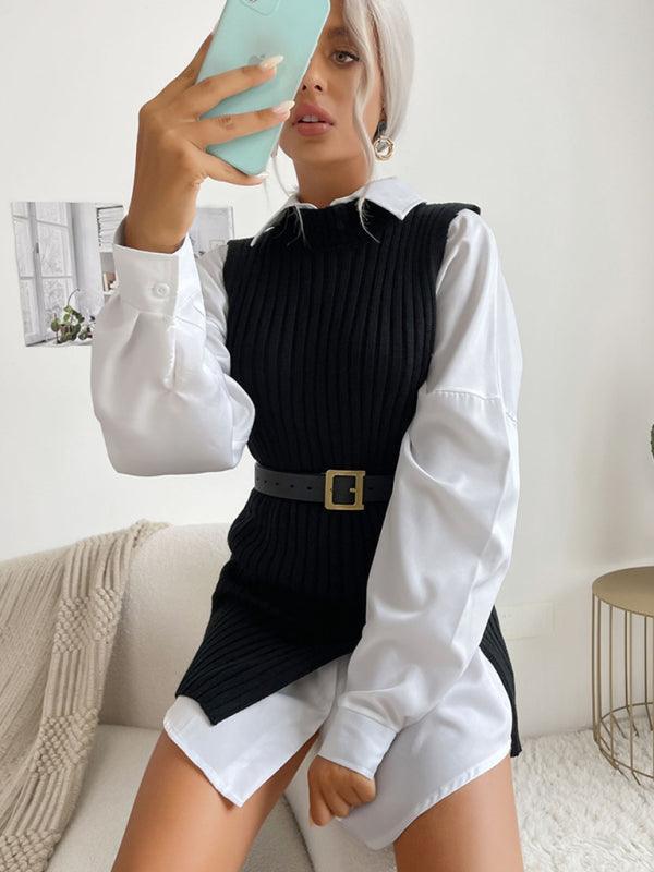 Women's Slit Solid Color Mid-Length Vest Sweater - 808Lush