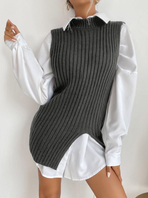 Women's Slit Solid Color Mid-Length Vest Sweater - 808Lush