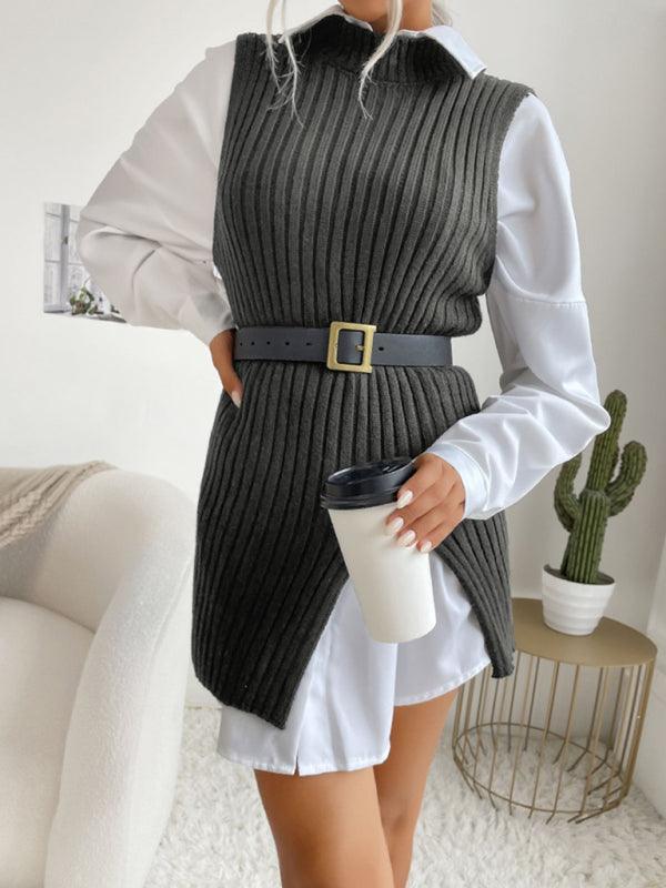 Women's Slit Solid Color Mid-Length Vest Sweater - 808Lush