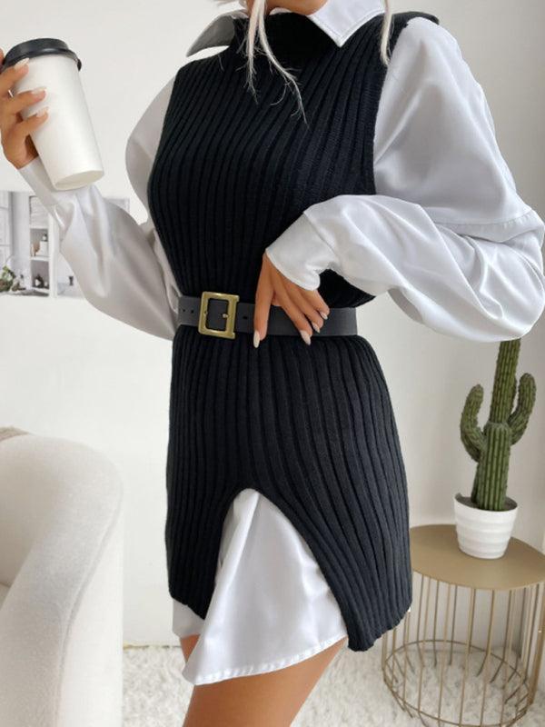 Women's Slit Solid Color Mid-Length Vest Sweater - 808Lush