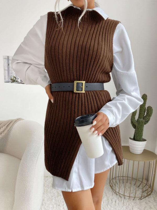 Women's Slit Solid Color Mid-Length Vest Sweater - 808Lush