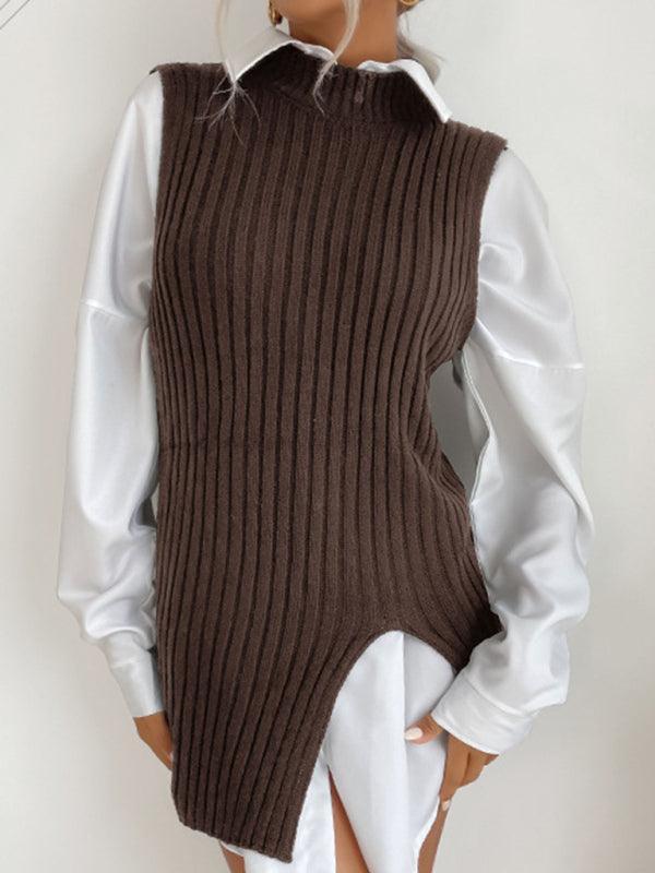 Women's Slit Solid Color Mid-Length Vest Sweater - 808Lush