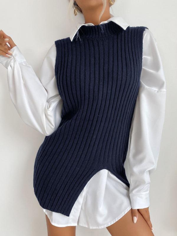Women's Slit Solid Color Mid-Length Vest Sweater - 808Lush