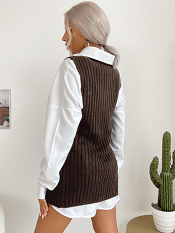 Women's Slit Solid Color Mid-Length Vest Sweater - 808Lush
