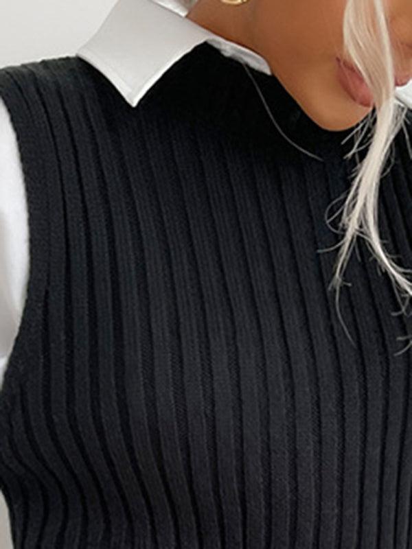 Women's Slit Solid Color Mid-Length Vest Sweater - 808Lush