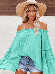 Women's Slub Cotton Women's Flared Sleeve One-Line Neck Sexy Top - 808Lush