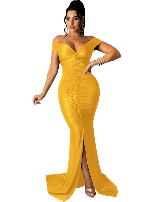 Women's Solid Color Big V Neck Skinny Ruched Dress - 808Lush