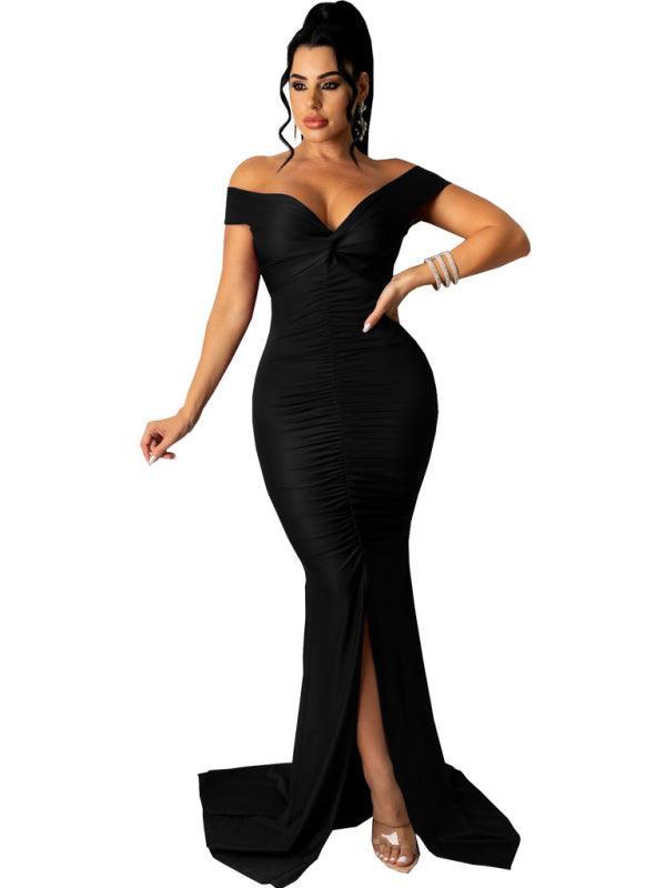 Women's Solid Color Big V Neck Skinny Ruched Dress - 808Lush