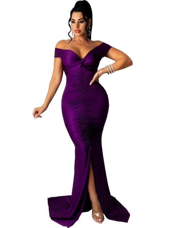 Women's Solid Color Big V Neck Skinny Ruched Dress - 808Lush