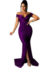 Women's Solid Color Big V Neck Skinny Ruched Dress - 808Lush