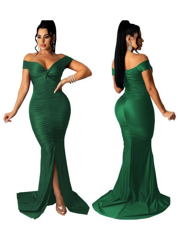 Women's Solid Color Big V Neck Skinny Ruched Dress - 808Lush
