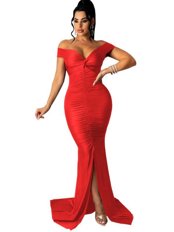 Women's Solid Color Big V Neck Skinny Ruched Dress - 808Lush