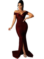 Women's Solid Color Big V Neck Skinny Ruched Dress - 808Lush