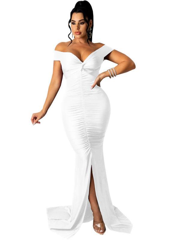 Women's Solid Color Big V Neck Skinny Ruched Dress - 808Lush