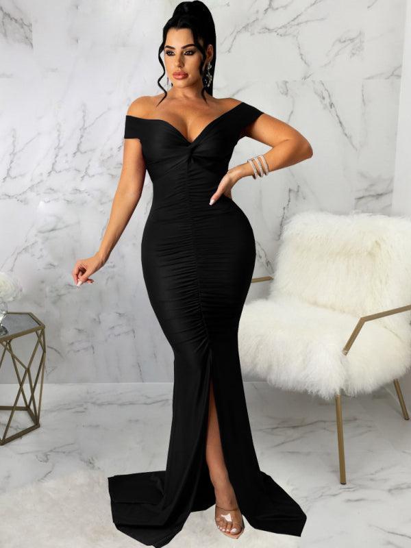 Women's Solid Color Big V Neck Skinny Ruched Dress - 808Lush