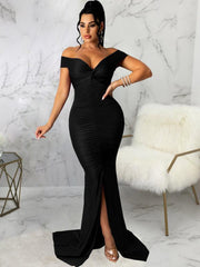 Women's Solid Color Big V Neck Skinny Ruched Dress - 808Lush