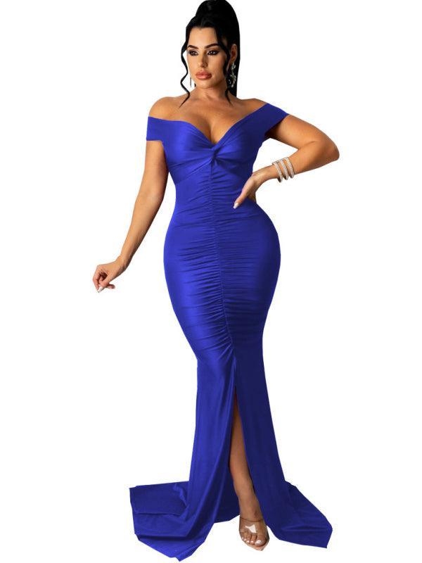 Women's Solid Color Big V Neck Skinny Ruched Dress - 808Lush