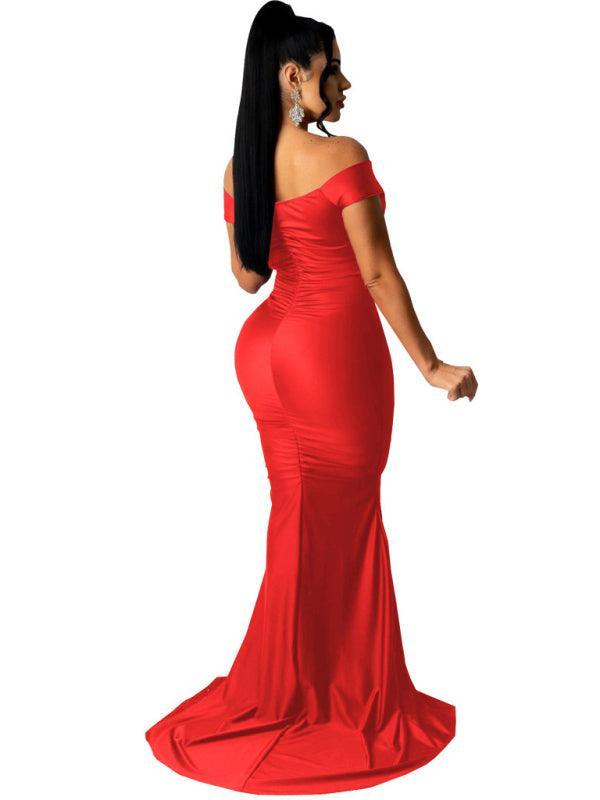 Women's Solid Color Big V Neck Skinny Ruched Dress - 808Lush