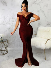 Women's Solid Color Big V Neck Skinny Ruched Dress - 808Lush