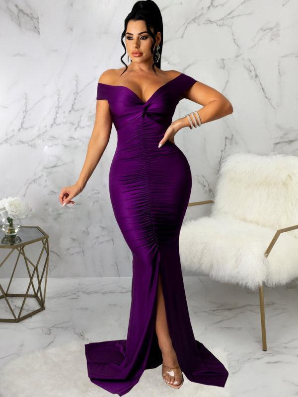 Women's Solid Color Big V Neck Skinny Ruched Dress - 808Lush