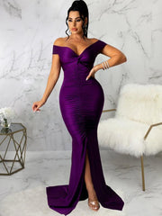 Women's Solid Color Big V Neck Skinny Ruched Dress - 808Lush