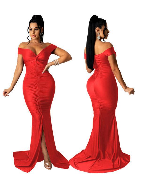Women's Solid Color Big V Neck Skinny Ruched Dress - 808Lush