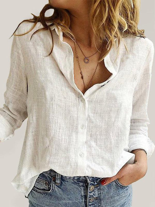 Women's Solid Color Casual Loose Long Sleeve Linen Shirt - 808Lush
