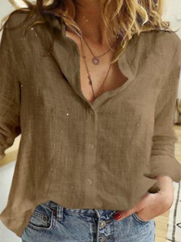 Women's Solid Color Casual Loose Long Sleeve Linen Shirt - 808Lush