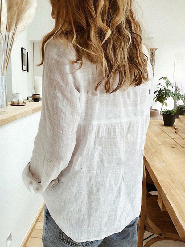 Women's Solid Color Casual Loose Long Sleeve Linen Shirt - 808Lush