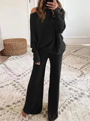 Women's Solid Color Casual Solid Color Off Shoulder Knit Suit - 808Lush