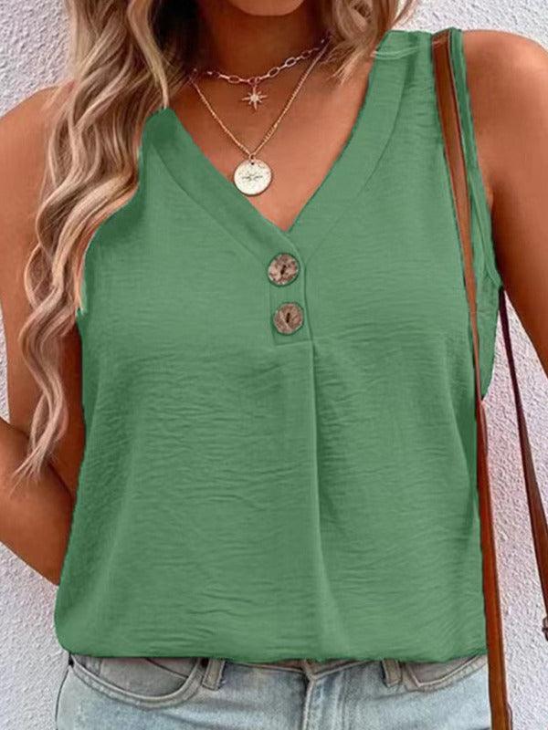 Women's Solid Color Casual V-Neck Button Sleeveless Top - 808Lush