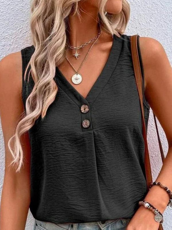 Women's Solid Color Casual V-Neck Button Sleeveless Top - 808Lush