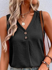 Women's Solid Color Casual V-Neck Button Sleeveless Top - 808Lush
