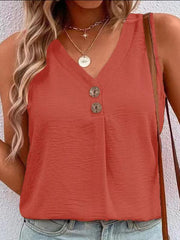 Women's Solid Color Casual V-Neck Button Sleeveless Top - 808Lush