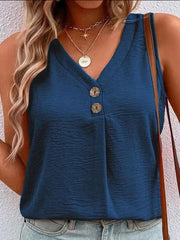 Women's Solid Color Casual V-Neck Button Sleeveless Top - 808Lush
