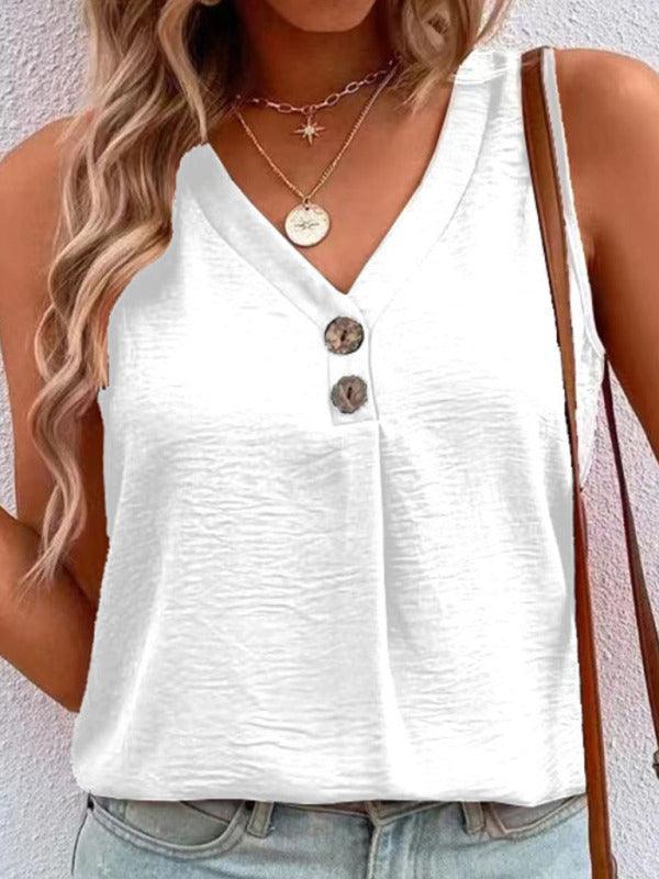 Women's Solid Color Casual V-Neck Button Sleeveless Top - 808Lush