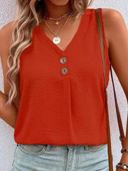 Women's Solid Color Casual V-Neck Button Sleeveless Top - 808Lush