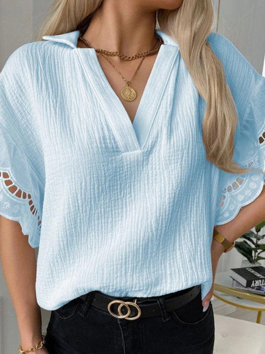 Women's Solid Color Elegant Lace V Neck Short Sleeve Top - 808Lush