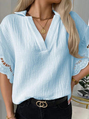 Women's Solid Color Elegant Lace V Neck Short Sleeve Top - 808Lush
